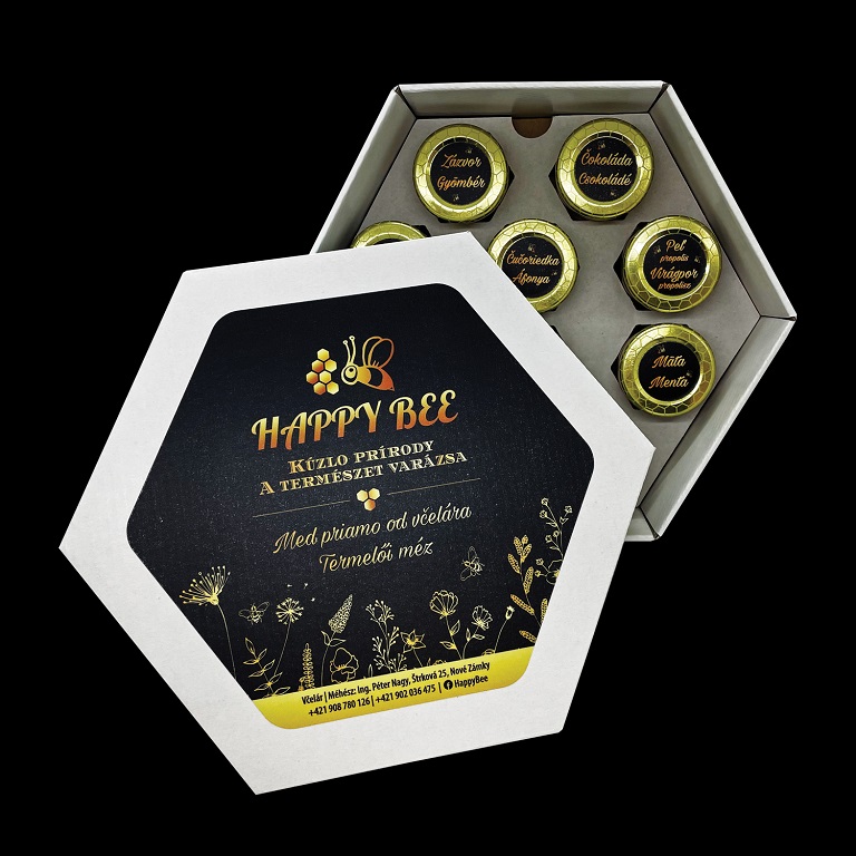 Happy Bee_rodinná včelia farma_zdravý med_hexagon balíček