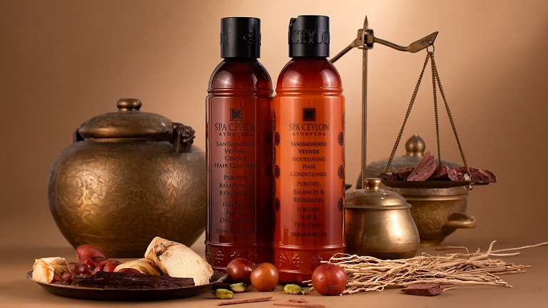 spa ceylon_ajurvédska kozmetika_kozmetika zo Srí Lanky_ Sandalwood Vetiver Gentle Hair Cleanser Nourishing Hair Conditioner