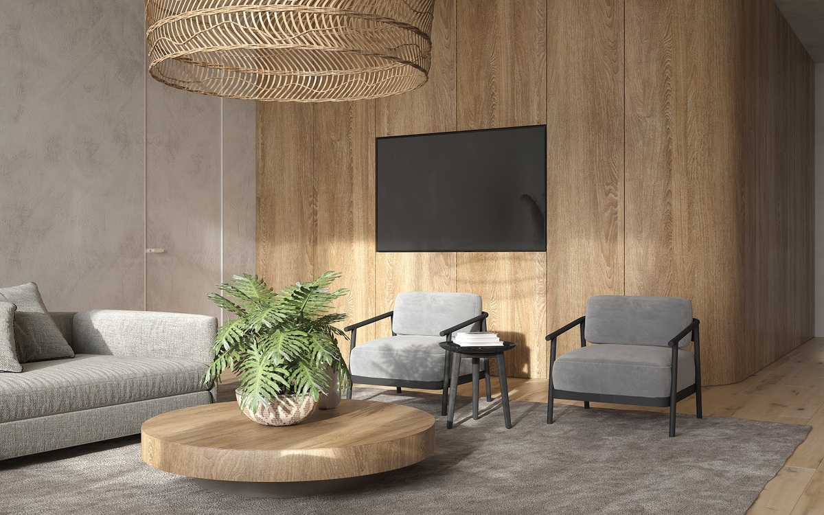 Minimalism modern interior  scandinavian design. Bright studio living room. Cozy design large modular sofa, armchair, large wooden lamp, tv and green plants. 3d rendering. 3d illustration.