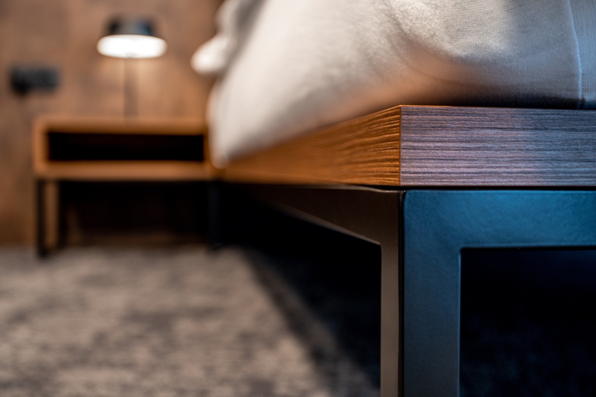 detail of the bed construction in the hotel room